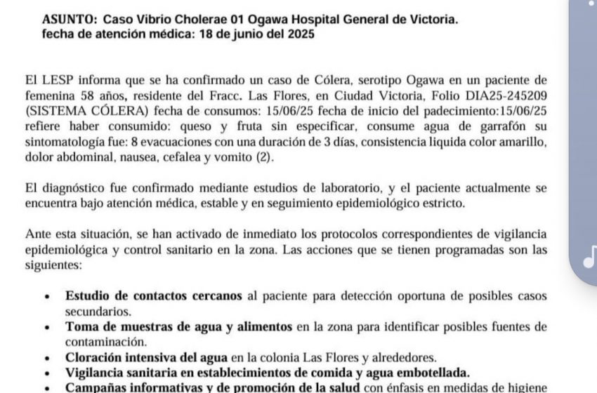 Salud detecta caso de cólera en Ciudad Victoria