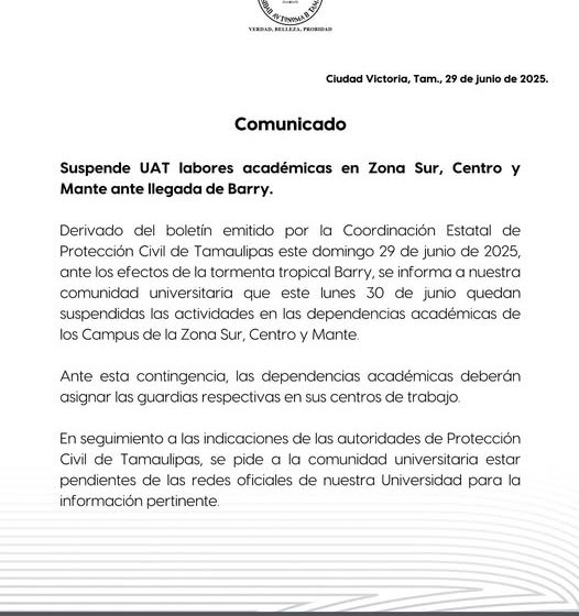  Suspende UAT labores académicas en Zona Sur, Centro y Mante ante llegada de Barry